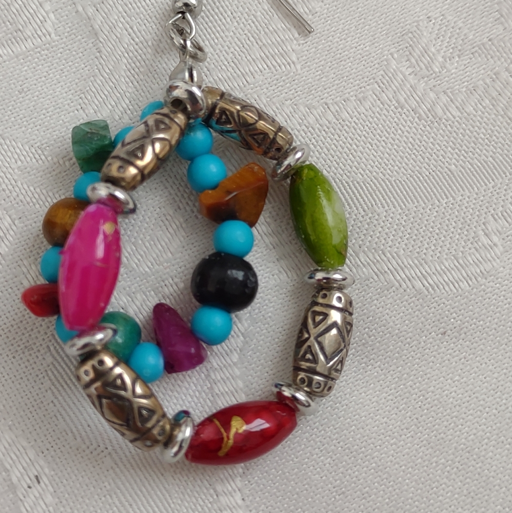 Multi Color Gems Silver Hoops Drop Dangle Earrings View 3